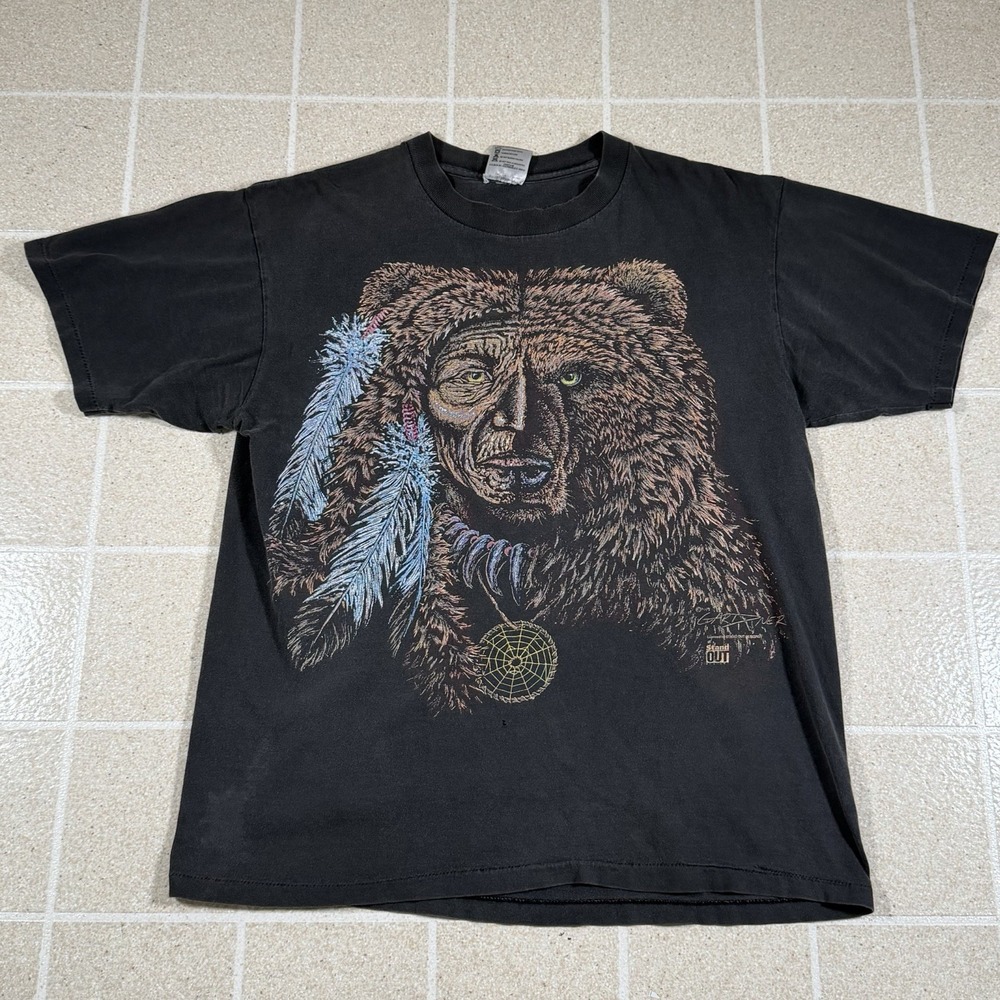 Vtg Stand Out Designs 90s Indian Head Bear Single Stitch T Shirt Black Sz M USA